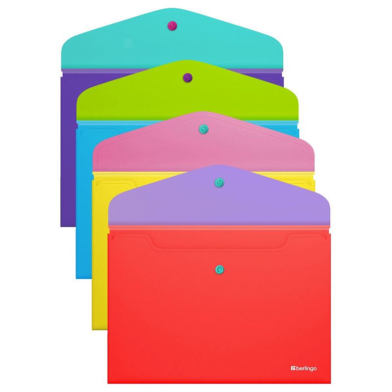 Папка-конверт на кнопке Berlingo "Raze" А4, 200мкм, софт-тач, с цветным клапаном, ассорти 