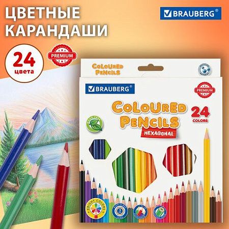 Карандаши цветные BRAUBERG PREMIUM, 24 цвета, пластиковые, шестигранные, грифель мягкий 3 мм, 181668