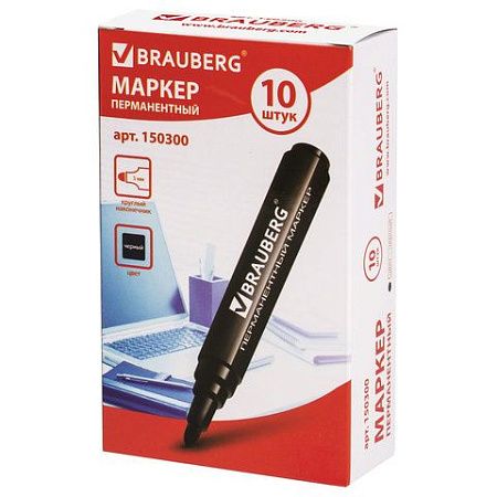 Маркер перманентный BRAUBERG "Classic", ЧЕРНЫЙ, круглый наконечник, 3 мм, с клипом, 150300 