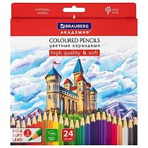 Карандаши цветные мягкие BRAUBERG АКАДЕМИЯ, 24 цвета, шестигранные, грифель 3 мм, 181866