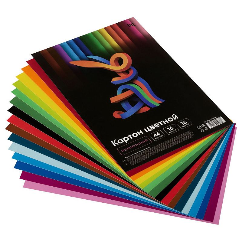 Картон цветной, А4 двустор., BG, 16 л., 16 цв., мелованный, в пакете