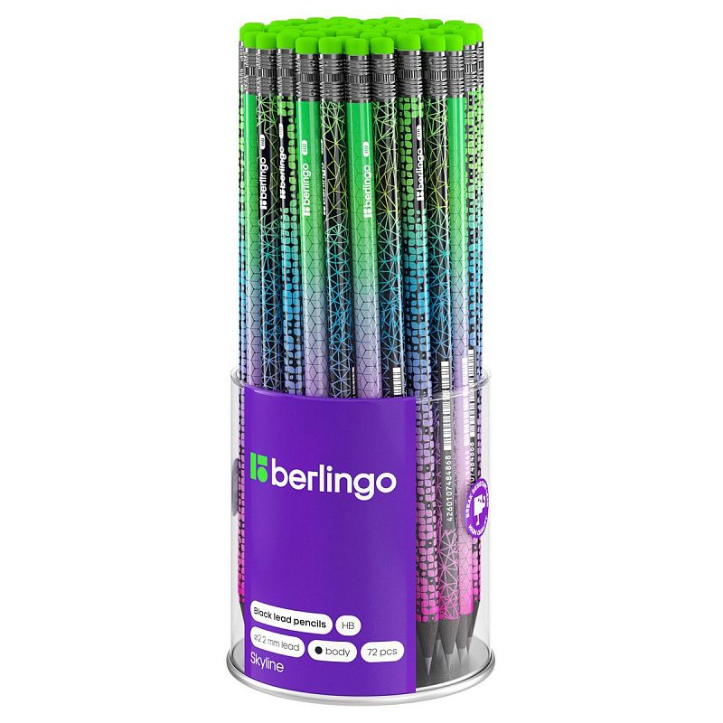 Карандаш ч/г Berlingo "Skyline" HB, черное дерево, круглый, заточен., с ластиком, ассорти 
