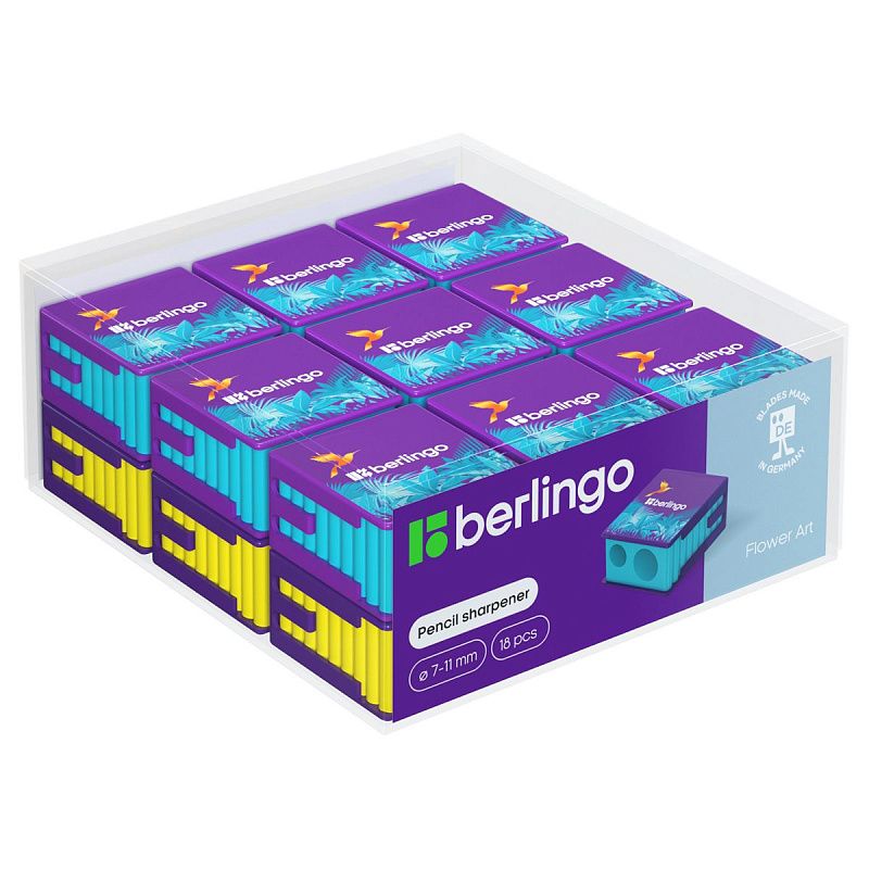 Точилка пластиковая Berlingo "Flower Art", с контейнером, 2 отверстия, ассорти 