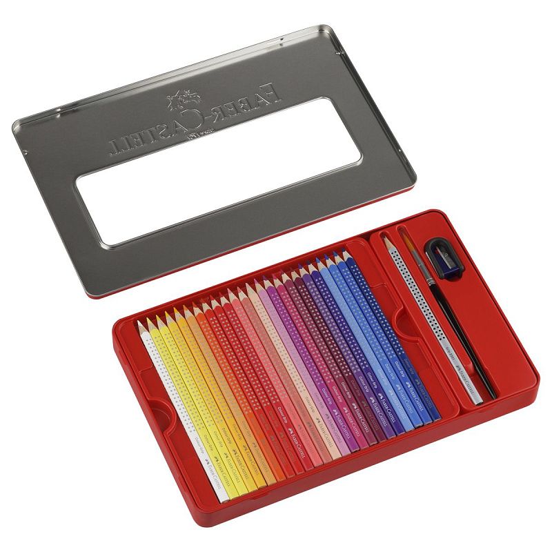 Карандаши цветные Faber-Castell "Grip", 48цв., трехгран., заточ.+ч/г кар. Grip+точилка+кисть, метал. коробка