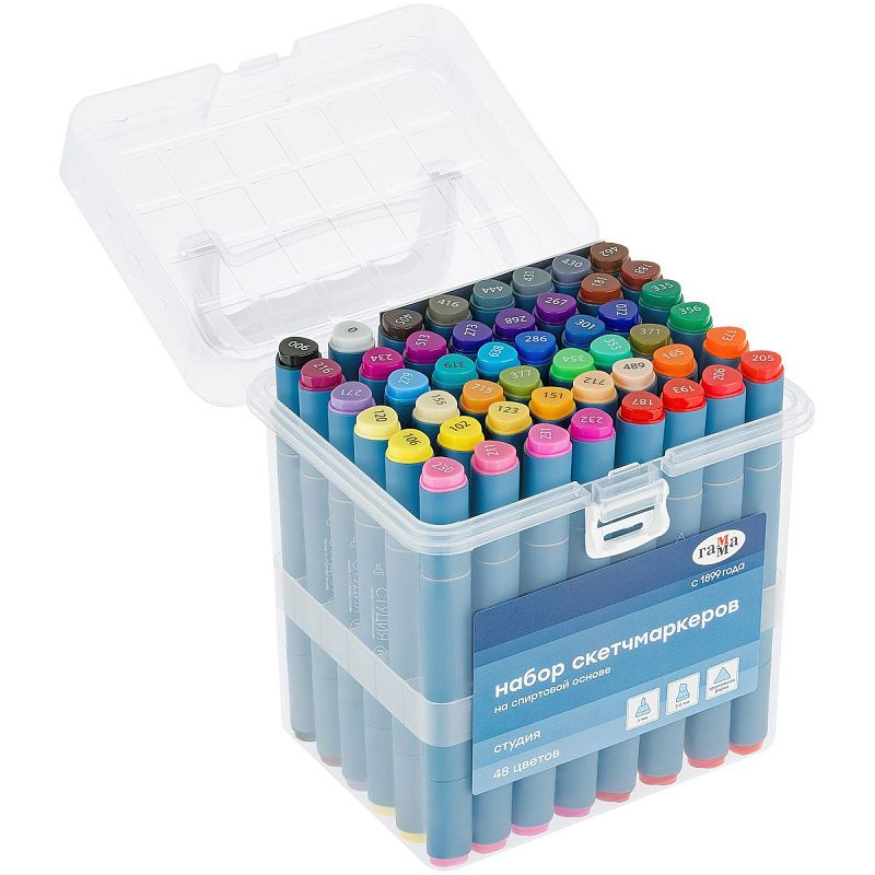 Набор двусторонних маркеров для скетчинга Гамма "Студия" 48цв., основные цвета, корпус трехгранный, пулевид./клиновид. наконечники, пласт.кейс