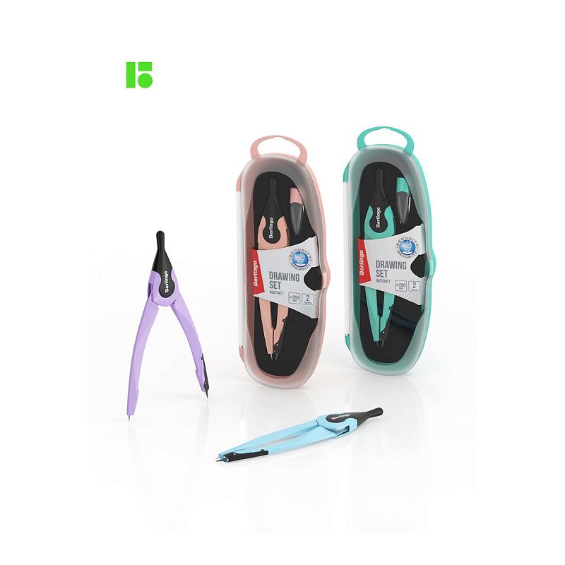 Готовальня Berlingo "Instinct", 2 предмета, циркуль 135мм, мятный, пластиковый футляр 