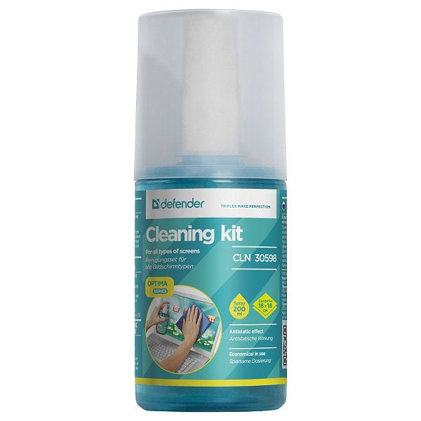 Очищающий комплекс для экранов и мониторов всех типов Defender CLN 30598 "Optima", 200мл + салфетка из микрофибры 18*18см