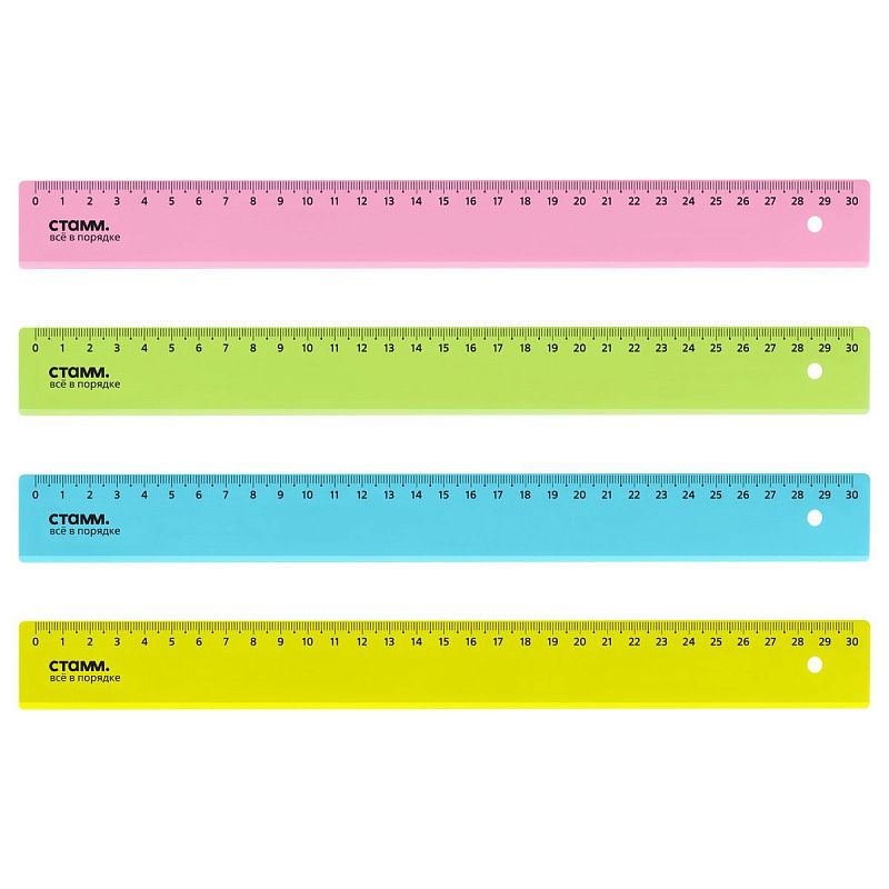Линейка 30см СТАММ, пластиковая, прозрачная, неоновые цвета, ассорти