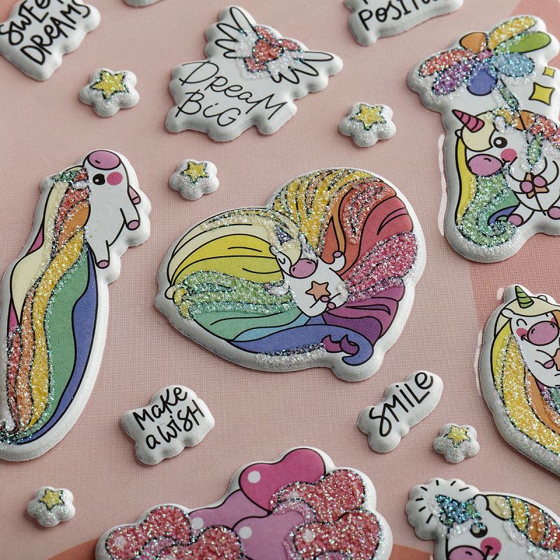 Наклейки объемные MESHU "Rainbow unicorn", 10*23см, с блестками, пакет европодвес