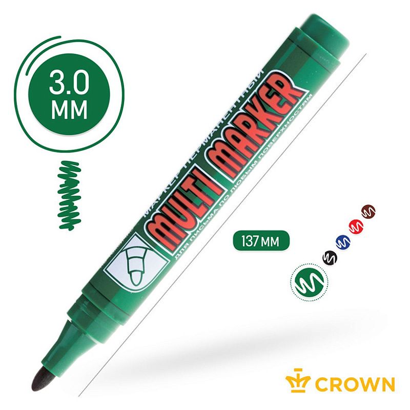 Маркер перманентный Crown "Multi Marker" зеленый, пулевидный, 3мм 
