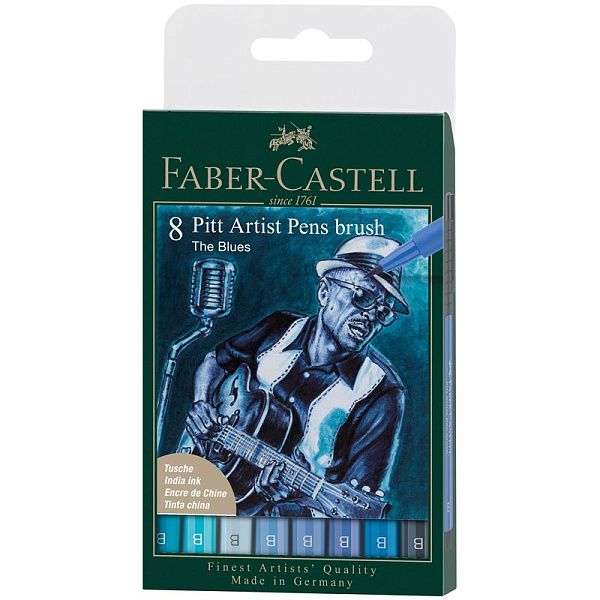 УЦЕНКА - Набор капиллярных ручек Faber-Castell "Pitt Artist Pen Brush The Blues" 8шт., пластик. уп., европодвес
