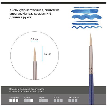Кисть художественная синтетика упругая Гамма "Манеж", круглая №1, длинная ручка