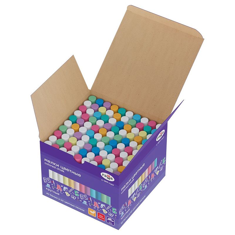 Мелки школьные Гамма, цветные, 100шт. (40шт. белых и 60шт. цветных), мягкие, круглые, картонная коробка 