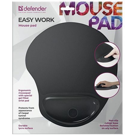 Коврик для мыши Defender EasyWork, черный, гелевая подушка, полиуретан, покрытие тканевое