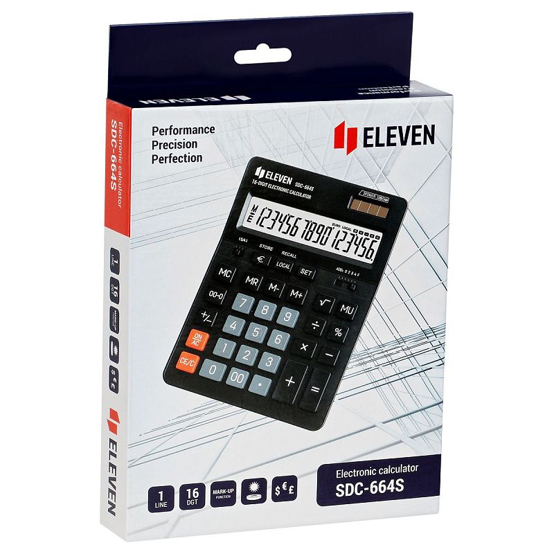 Калькулятор настольный Eleven SDC-664S, 16 разрядов, двойное питание, 155*205*36мм, черный