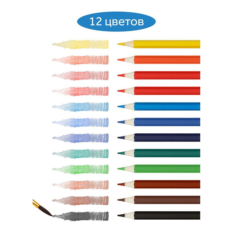 Карандаши акварельные Гамма "Классические", 12цв., шестигранные, заточен., с кистью, картон. упак., европодвес
