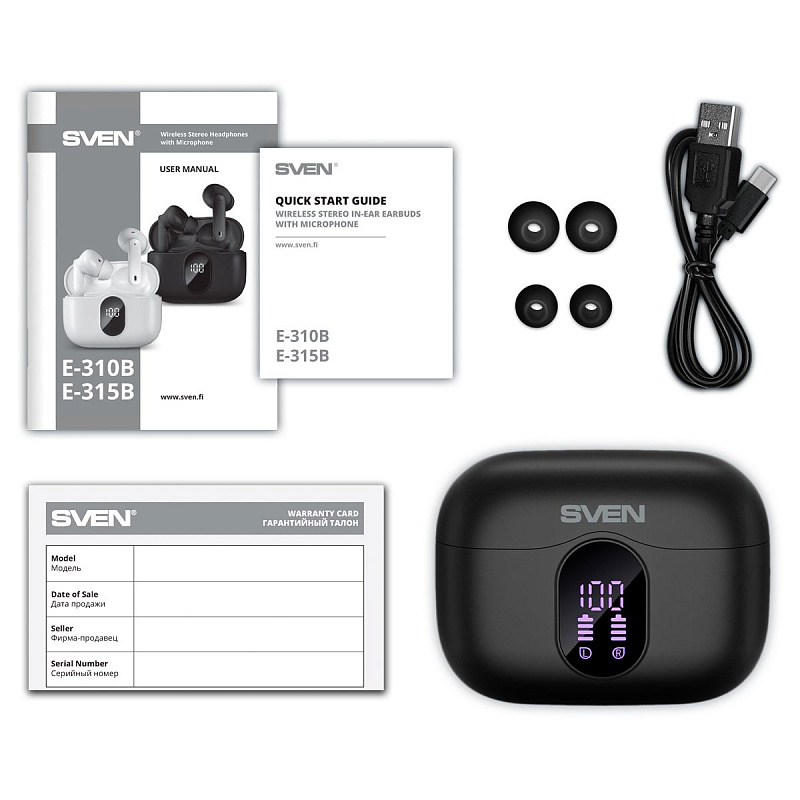 Наушники с микрофоном беспроводные Sven E-315B, TWS Bluetooth, разъем Type-C, черный