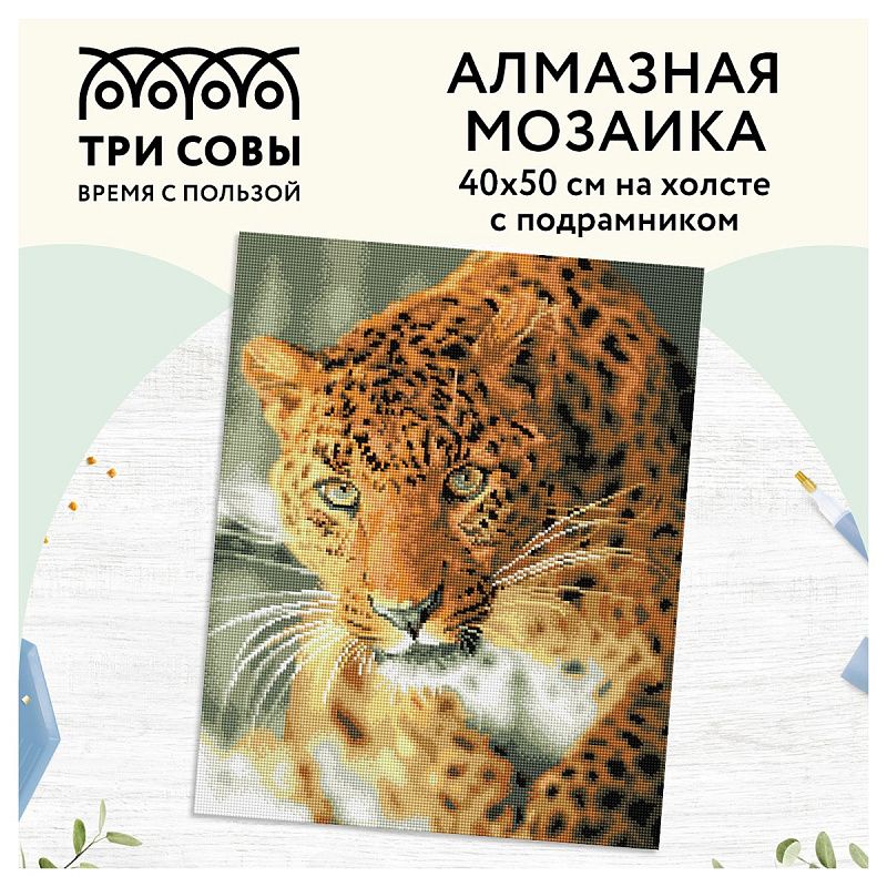 Алмазная мозаика ТРИ СОВЫ "Леопард", 40*50см, холст на деревянном подрамнике, картонная коробка с пластиковой ручкой