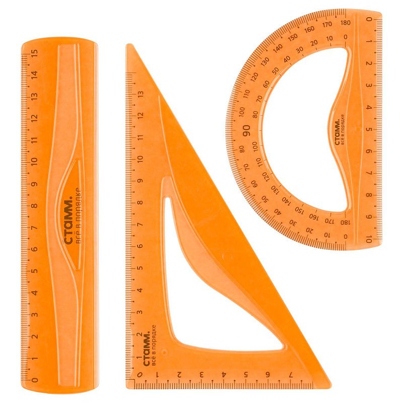 Набор чертежный СТАММ, размер S (линейка 15см, треугольник, транспортир), гибкий, прозрачный, оранжевый, европодвес 