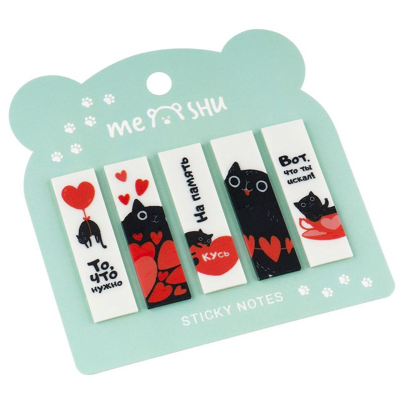 Флажки-закладки MESHU "Cute kitten" пластиковые с дизайном, 45*12мм, 20л*5 цветов, пакет с евро подвесом