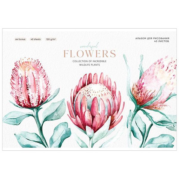 Альбом для рисования 40л., А4, на скрепке Greenwich Line "Flowers collection", 120г/м2