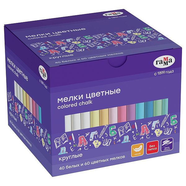 Мелки школьные Гамма, цветные, 100шт. (40шт. белых и 60шт. цветных), мягкие, круглые, картонная коробка