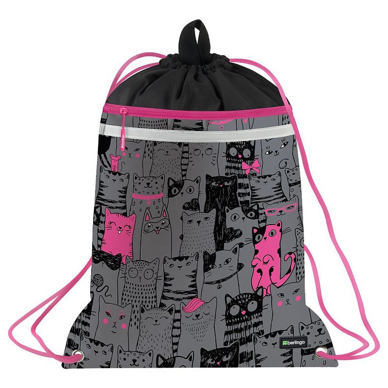 Мешок для обуви 1 отделение Berlingo "Happy Cats", 360*460мм, вентиляционная сеточка , светоотражающая лента, карман на молнии