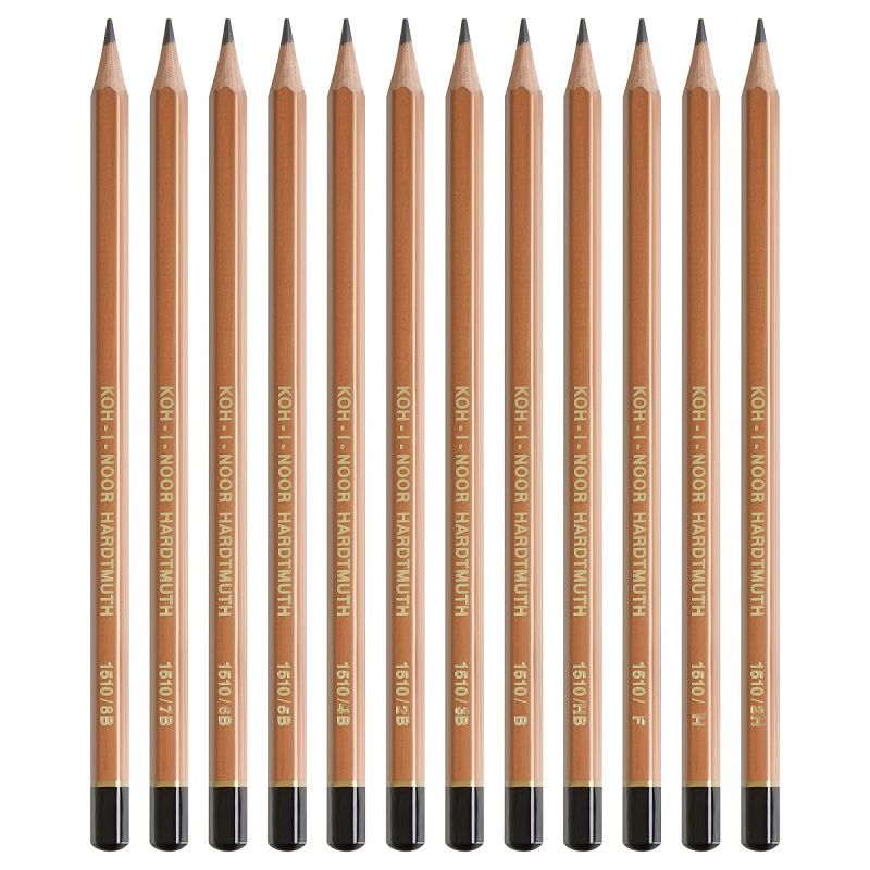 Набор карандашей ч/г Koh-I-Noor "1512" 12шт., 8B-2H, металл. пенал, с неокрашенным корпусом 