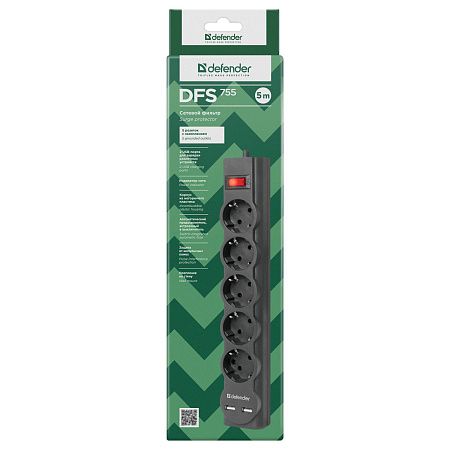 Сетевой фильтр Defender DFS 755 5 розеток 5,0м, 2xUSB, 2.1A, черный