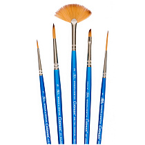 Набор худож кистей синтетика для акварели Winsor&Newton"Cotman Synthetic Brush", 5шт., кругл №1, 5, кругл. удлин. №3, скошен 1/8", веер №2