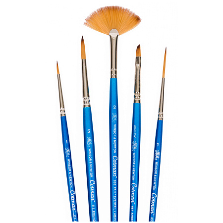 Набор худож кистей синтетика для акварели Winsor&Newton"Cotman Synthetic Brush", 5шт., кругл №1, 5, кругл. удлин. №3, скошен 1/8", веер №2