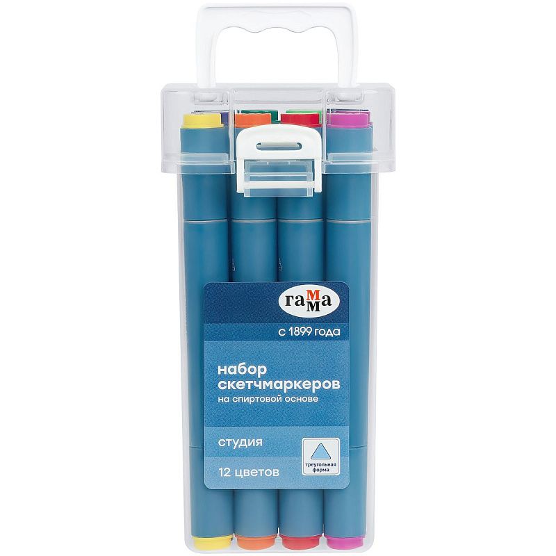 Набор двусторонних маркеров для скетчинга Гамма "Студия" 12цв., основные цвета, корпус трехгранный, пулевид./клиновид. наконечники, пласт.кейс