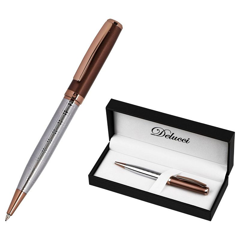 Ручка шариковая Delucci "Fresco" синяя, 1,0мм, корпус серебро/бронза, поворотн., подарочная упаковка 