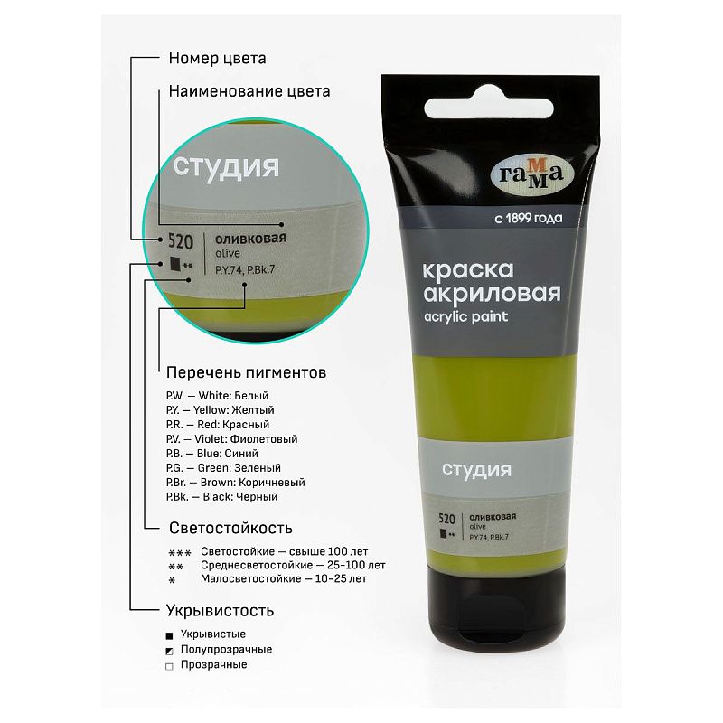 Краска акриловая художественная Гамма "Студия", 75мл, пластиковая туба, оливковая
