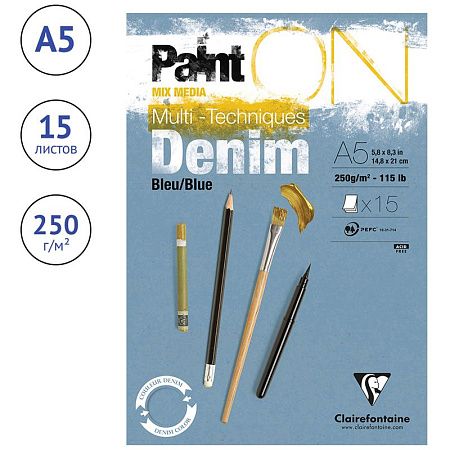 Скетчбук - альбом для смешанных техник 15л., А5 Clairefontaine "Paint ON Denim Blue", на склейке, джинсовый, 250г/м2