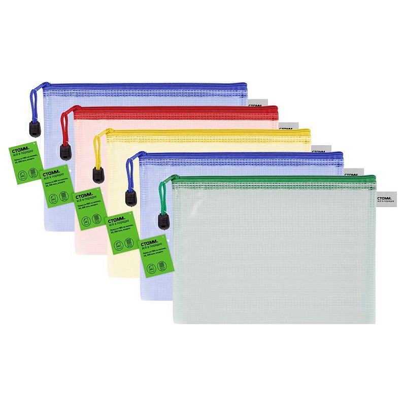 Папка-конверт на молнии СТАММ А5, ПВХ, 250мкм, сетка, прозрачная, молния сверху, ассорти
