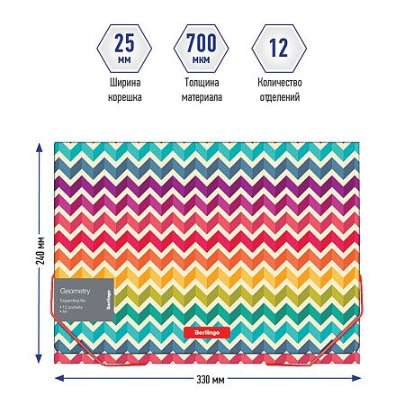 Папка 12 отделений Berlingo "Geometry" А4, 330*240*25мм, 700мкм, на резинке, c рисунком 
