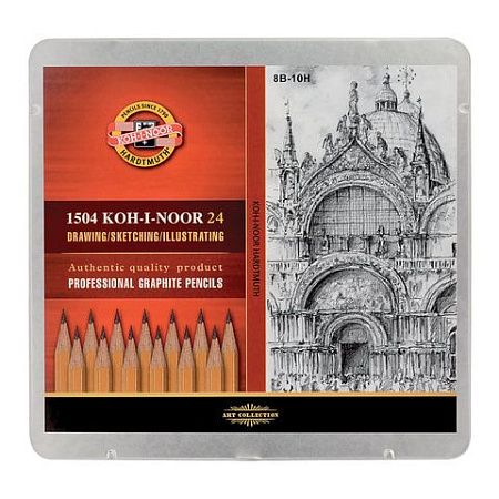 Карандаши чернографитные KOH-I-NOOR 1500, НАБОР 24 шт., 8В-10H, без резинки, металлическая коробка, 1504024001PL 