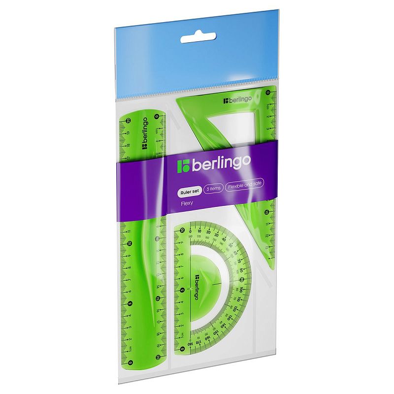 Набор чертежный средний Berlingo "Flexy" (треуг. 14см, линейка 20см, транспортир) гибкий, ассорти, европодвес 