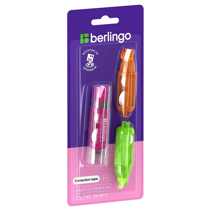 Корректирующая лента Berlingo "Color Shift" + 2 сменных картриджа в комплекте, 5мм*6м, блистер с европодвесом