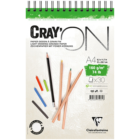 Скетчбук - блокнот 30л., А4 Clairefontaine "Cray ON", на гребне, мелкозерн., 160г/м2