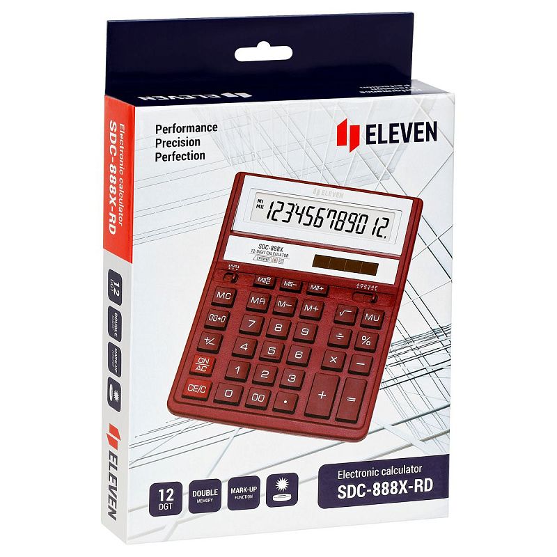 Калькулятор настольный Eleven SDC-888X-RD, 12 разрядов, двойное питание, 158*203*31мм, красный