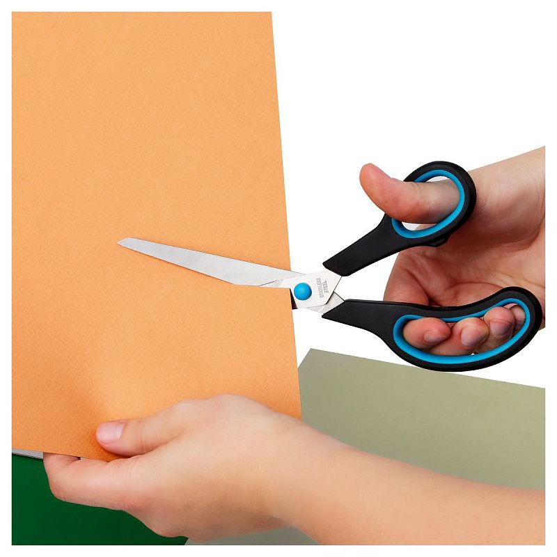 Ножницы OfficeSpace 24см, эргономичные ручки, черные с синими вставками, ПВХ чехол с европодвесом