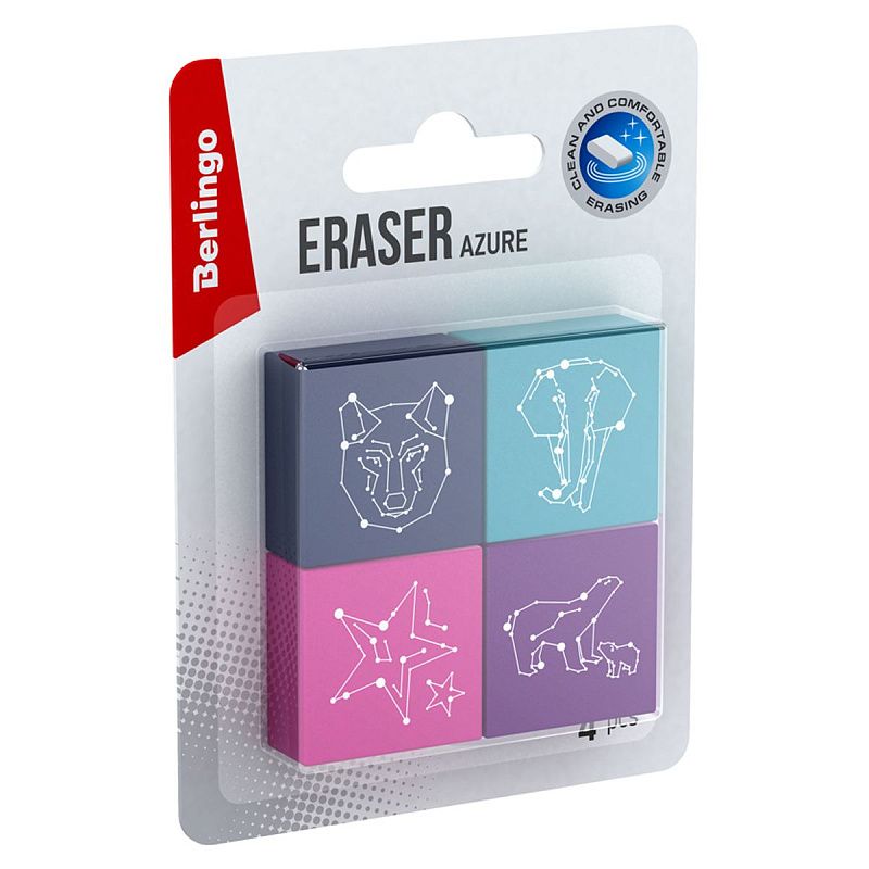 Ластик Berlingo "Azure", 4шт., прямоугольный, 28*28*12мм, блистер