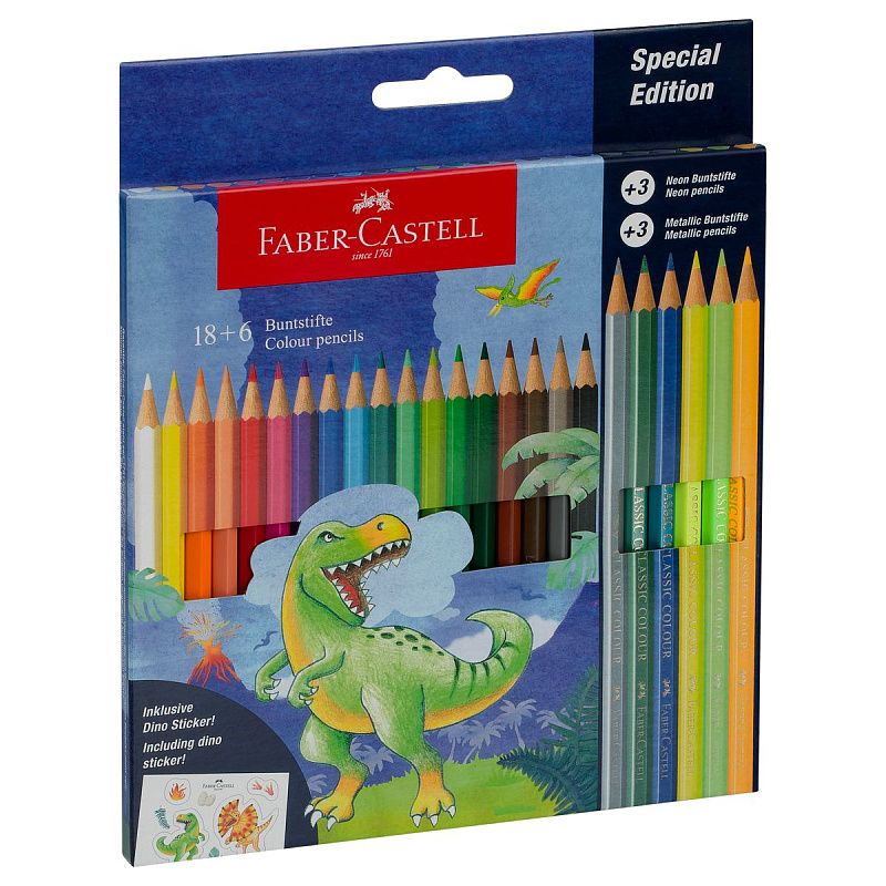 Карандаши цветные Faber-Castell "Dinosaur", 18 цв. + 3 цв. металл. + 3 цв. неон. + наклейки, заточен., картон, европодвес