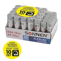 Батарейки КОМПЛЕКТ 30 (20+10) шт., SONNEN Alkaline, AA+ААА (LR6+LR03), в коробке, 455097