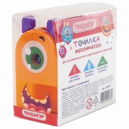 Точилка механическая ПИФАГОР "Монстрик", корпус оранжевый, для чернографитных и цветных карандашей, 228477 