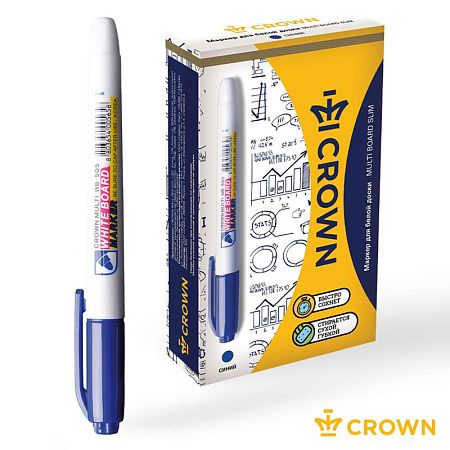 Маркер для белых досок Crown "Multi Board Slim" синий, пулевидный, 2мм 