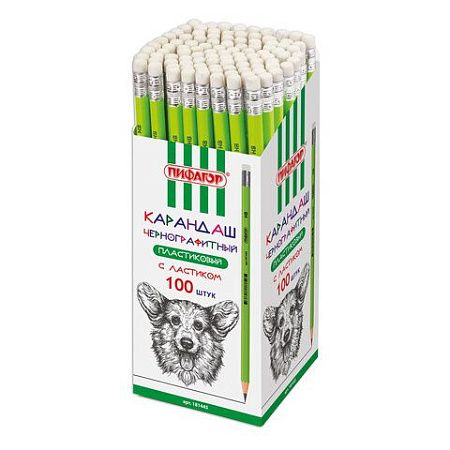 Карандаш чернографитный ПИФАГОР, 1 шт., НВ, пластиковый, корпус салатовый, с ластиком, 181445 