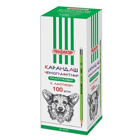 Карандаш чернографитный ПИФАГОР, 1 шт., НВ, пластиковый, корпус салатовый, с ластиком, 181445 